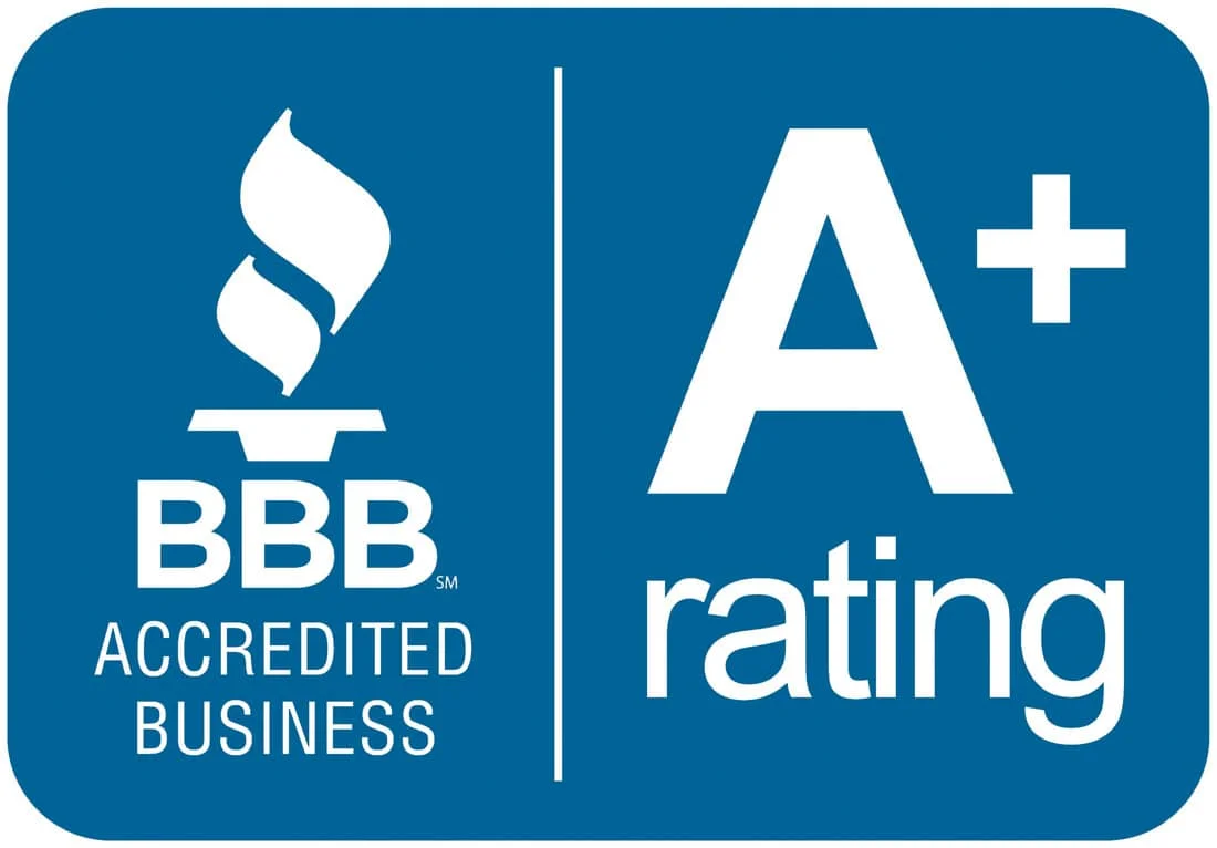 Blue and white BBB Accredited Business logo with an A+ rating, proudly representing a top-rated pressure washing company.