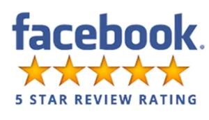 Facebook logo above five gold stars and the text '5 Star Review Rating' for our top rated power washers.