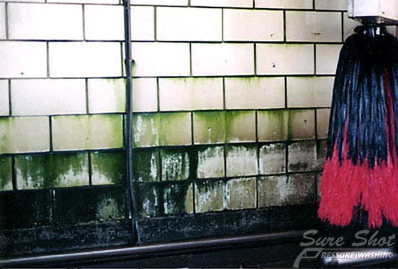 Before being cleaned by a pressure washing company, the wall was marked with heavy black and green stains, standing next to a red and black car wash brush.