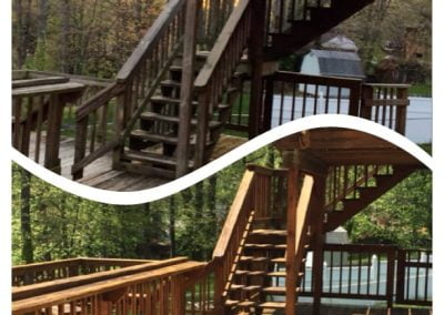 Before and after comparison of wooden deck and stairs pressure washed by our Pressure Washing Company, with a brighter, cleaner appearance in the 'after' image.
