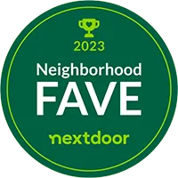 Green circular badge labeled "2023 Neighborhood Fave" from Nextdoor.